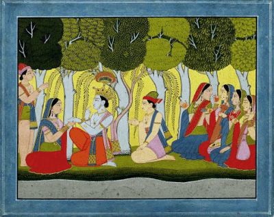 Radha and Krsna Seated in a Grove with Gopis and Gopas. Painting from a Rasa Panchadhyayi series. In the style of Bhagvan. Kulu, c. 1790-1800