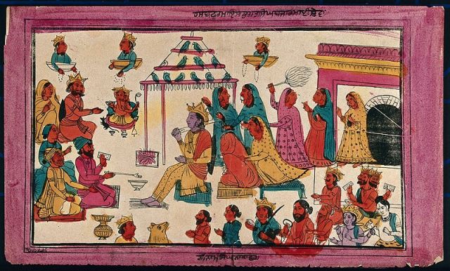 Marriage of Rama to Sita with Brahmins making fire sacrifice. Coloured transfer lithograph.