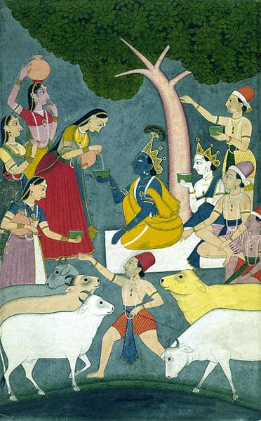 Pahari painting of Radha offering bowl of curd to Krishna.