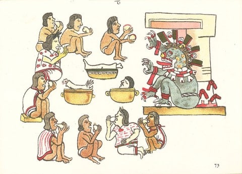 Picture of Cannibalism taking place in the Codex Machilabechiano Folio 73r. On the right is either Ītzpāpālōtl or another Tzitzimitl. (The goddess Ītzpāpālōtl was the leader of the Tzitzimimeh.)