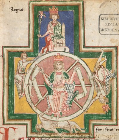Fortuna governs the circle of the four stages of life, the Wheel of Fortune, in a manuscript of Carmina Burana