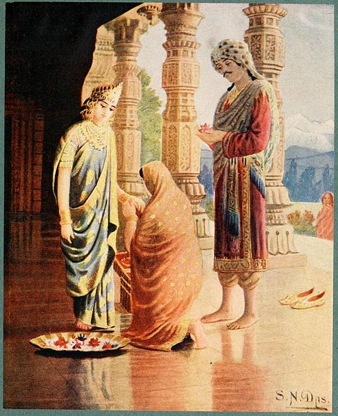In Hinduism, Sati is considered as an ideal lady. The painting depicts her receiving gifts before her wedding from Kubera and his wife.