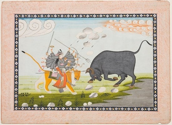 'Durga in Combat with the Bull, Mahishasura', 19th century painting
