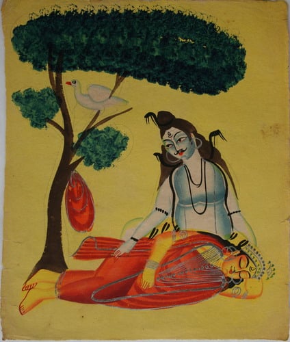 Shiva mourns Sati, 19th-century Kalighat painting