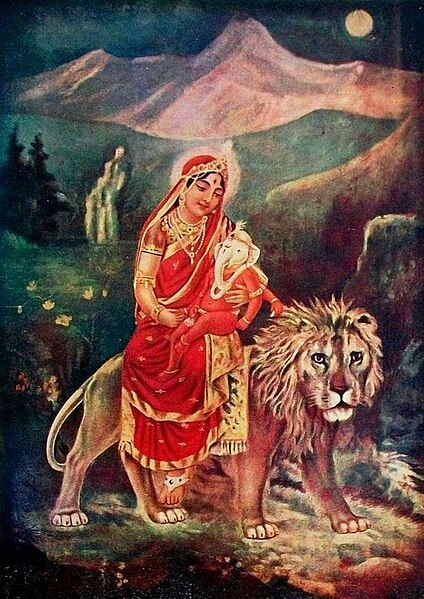 The file depicts Hindu goddess Parvati and her son Ganesh on a lion