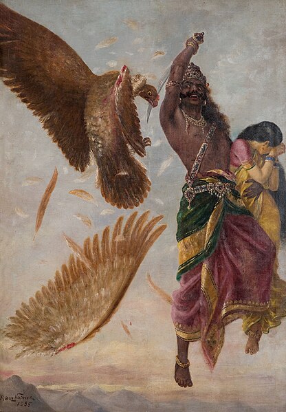 Ravana cuts off Jatayu's wing while abducting Sita
